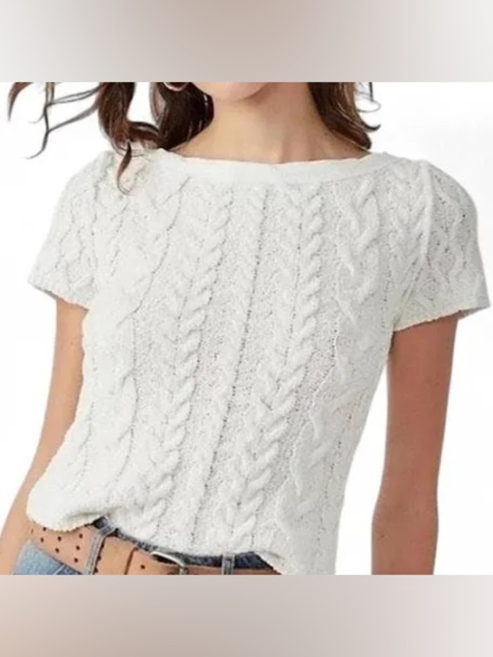 Free People White Cable Knit Short Sleeve Crew